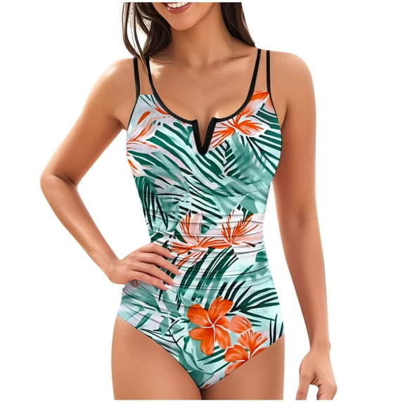 ZQUUVOU Women Summer Print With Chest Cushion And No Steel Support Backless Strap Bikini Swimsuit H-Blue