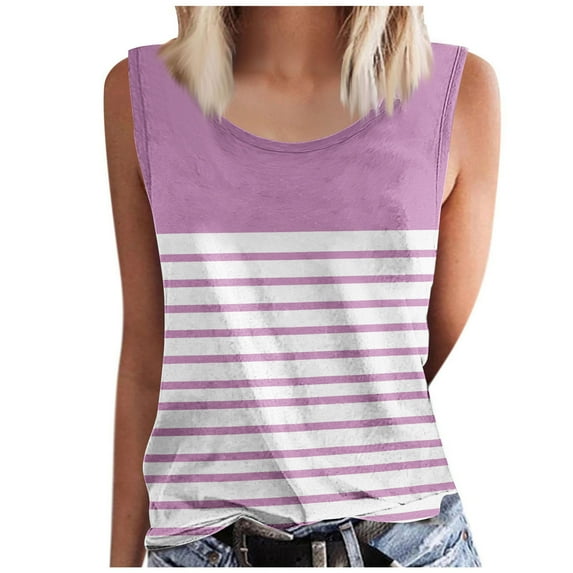 Women Summer Printed Round Neck Sleeveless Tank Top 2025 Color Block Striped Casual Tops for Beach Vacation and Daily Wear