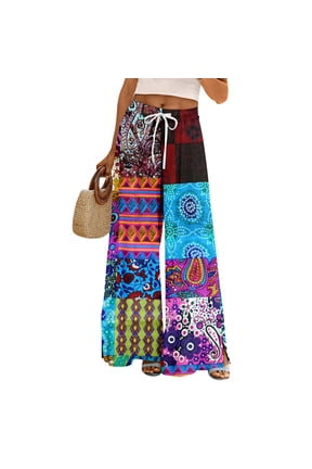 Women Summer Printed Wide Leg Pants Vintage Bohemian Pattern Elastic Waist Drawstring Palazzo Pants with Side Pockets Blue M