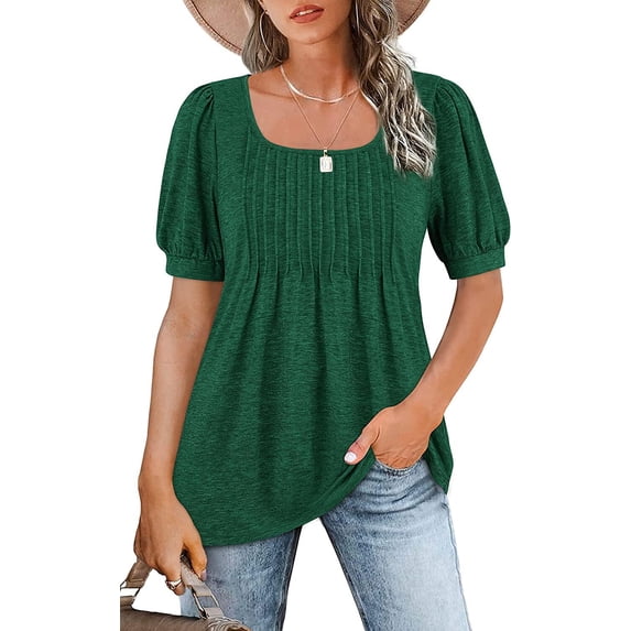 Women Summer Puff Short Sleeve T-Shirts Babydoll Tops Square Neck Pleated Flowy Trendy Tunic Casual Tops for Leggings