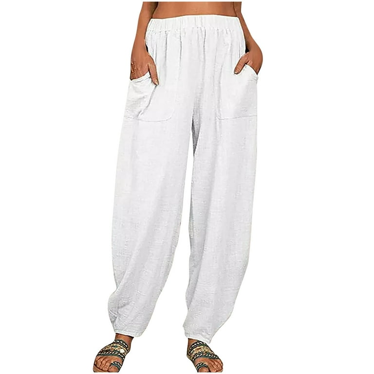 Women Summer Pull On Pants Casual Loose Cotton And Linen Solid Color High  Waist Beach Trousers Tapered Pants with Pockets 