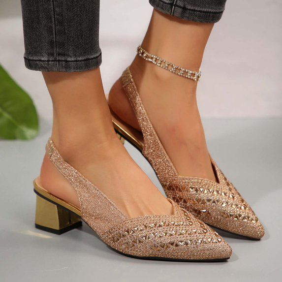 Women Summer Rhinestone Embellished Closed Toe Square Heel Sandals Elegant Comfortable Stylish Dressy Footwear For Casual Outings Daily Wear Shopping And Parties Gold 37