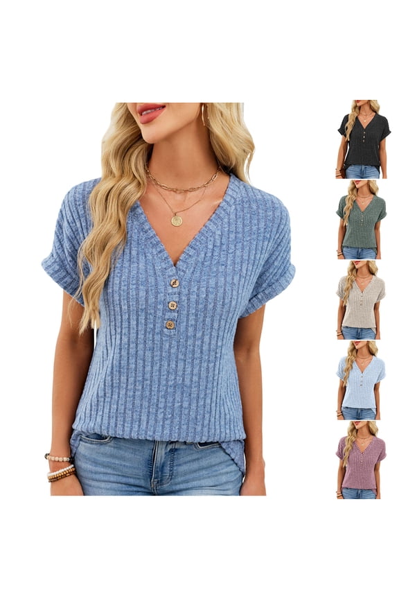 Women Summer Ribbed Knit Tshirts Casual Stretch V Neck Roll Up Shorrt Sleeve Shirts Breathable Soft Comfy Solid Color Tops
