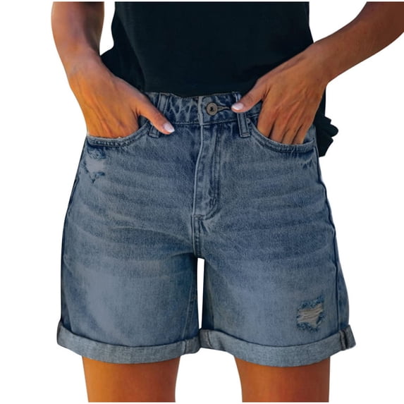 Women Summer Ripped Jeans Shorts Casual Stretchy Fashion Button Denim Shorts Lightweight Loose Jean Shorts with Pockets