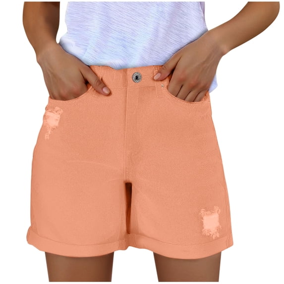 Women Summer Ripped Jeans Shorts Casual Stretchy Fashion Button Denim Shorts Lightweight Loose Jean Shorts with Pockets