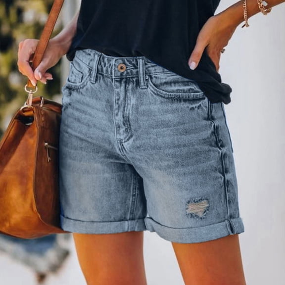 Women Summer Ripped Jeans Shorts Casual Stretchy Fashion Button Denim Shorts Lightweight Loose Jean Shorts with Pockets