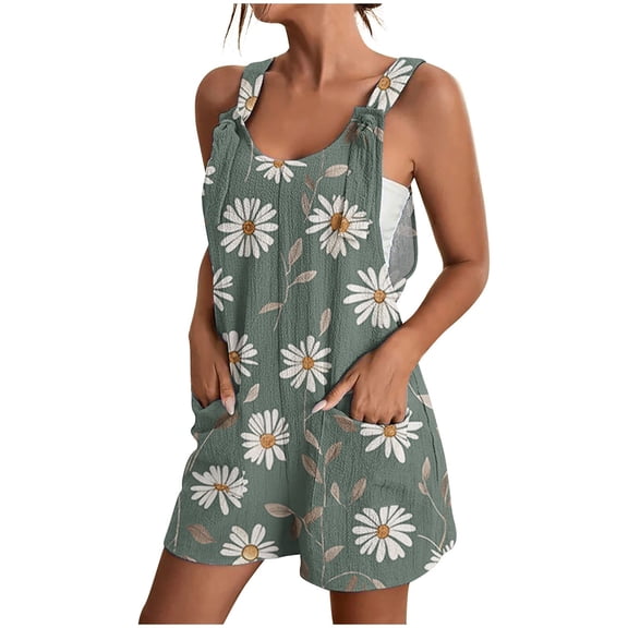 Women Summer Romper Casual Elegant Flowers Print Tank Top Short Jumpsuit with Pocket Zip Back Tie Knot Front Loose Outfits, Gray, S