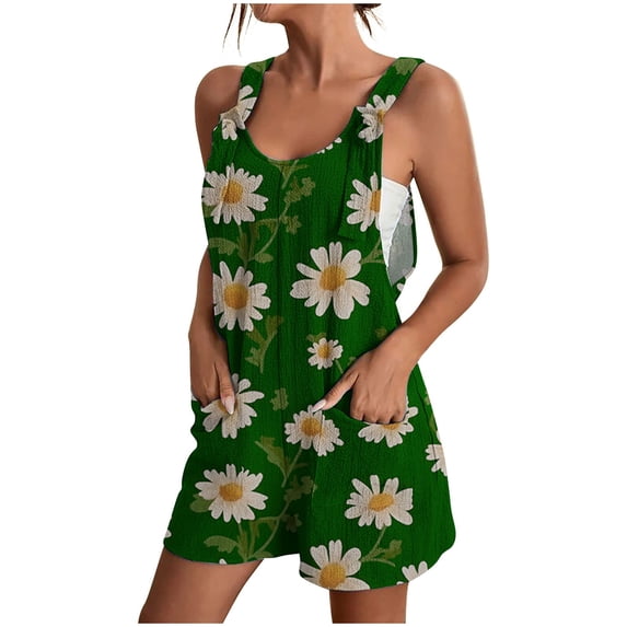 Women Summer Romper Casual Elegant Flowers Print Tank Top Short Jumpsuit with Pocket Zip Back Tie Knot Front Loose Outfits, Green, XXL