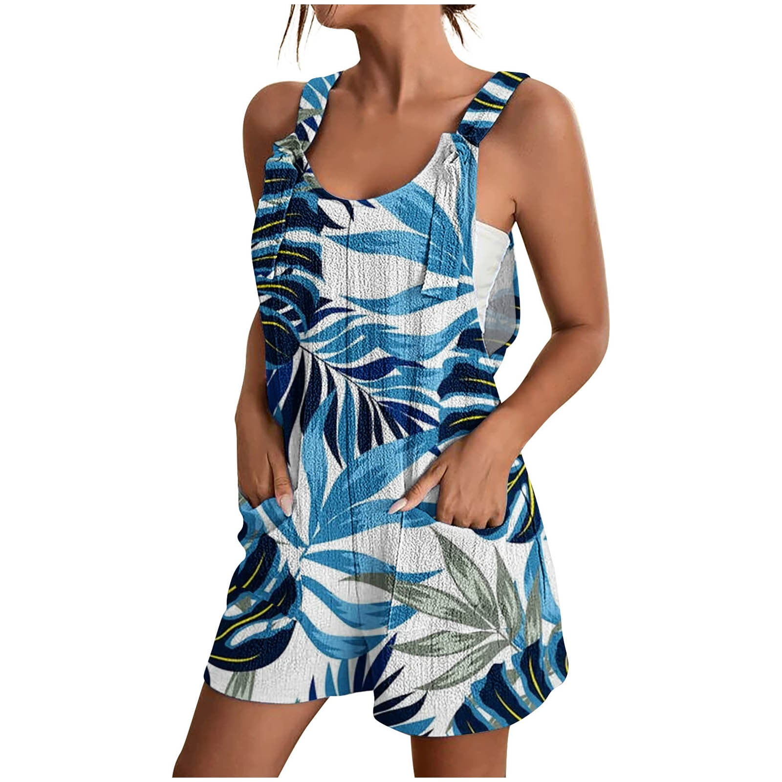 Women Summer Romper Casual Fashion Leaves Print Tank Top Short Jumpsuit