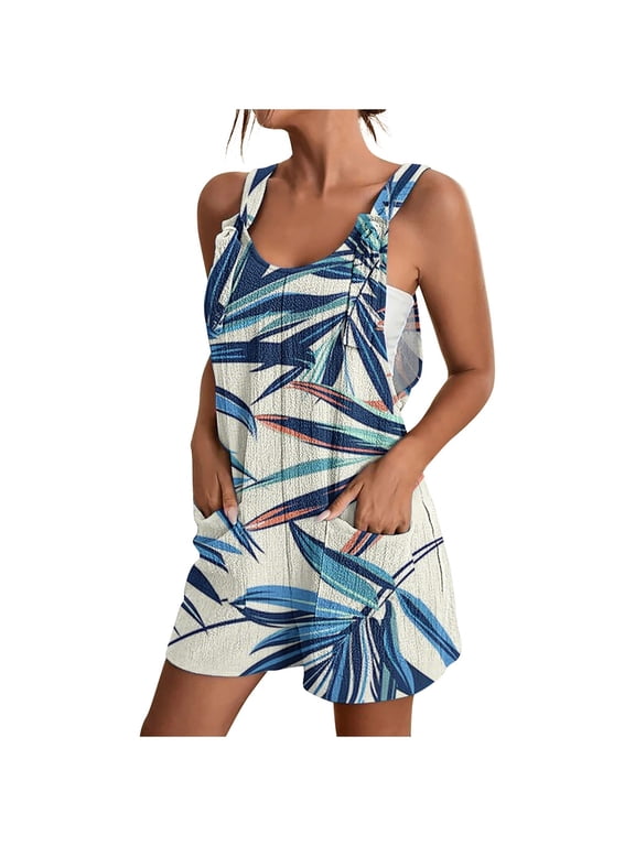 Women Summer Romper Casual Fashion Leaves Print Tank Top Short Jumpsuit with Pocket Zip Back Tie Knot Front Loose Outfits, Multicolor, XXL
