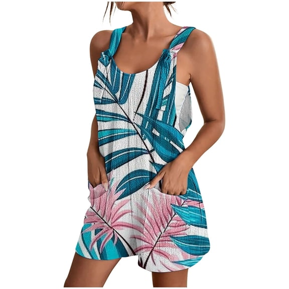 Women Summer Romper Casual Fashion Leaves Print Tank Top Short Jumpsuit with Pocket Zip Back Tie Knot Front Loose Outfits, Multicolor, XXXL