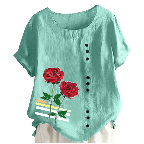 Women Summer Rose Print Short Sleeve Top Tee Graphic Cute T-Shirt,Women's Dressy Casual Tops Business Work Blouses White Button Down Shirts