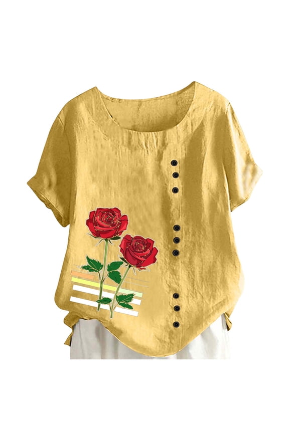 Women Summer Rose Print Short Sleeve Top Tee Graphic Cute T-Shirt,Women's Dressy Casual Tops Business Work Blouses White Button Down Shirts