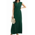 thumbnail image 1 of Women Summer Round Neck Casual Loose Split Wrinkle-Free Long Maxi Vacation Dress with Pockets Dark Green M, 1 of 9