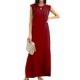 thumbnail image 1 of Women Summer Round Neck Casual Loose Split Wrinkle-Free Long Maxi Vacation Dress with Pockets Wine Red L, 1 of 9