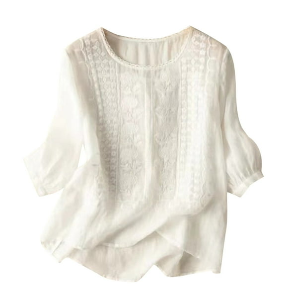 Women Summer Round Neck Cotton And Dandelion Print Short Sleeve T Shirt Top Blouse White Women S Linen Shirt Women Shirts(M)