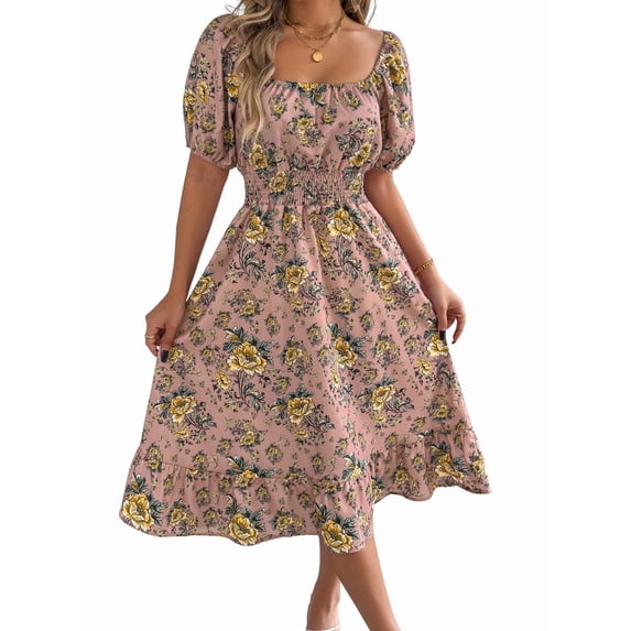 Women Summer Ruffle Off Shoulder Floral Midi Dress Summer Smocked Beach Flowy Long Dresses Pink L