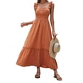 thumbnail image 1 of Women Summer Ruffle Spaghetti Strap Maxi Long Flowy Dress Solid Color Buttons Shirred Elastic Waist Pleated Flare Hem Sleeveless Beach Sundress, 1 of 12