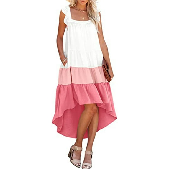 Women Summer Ruffled Sleeve Dress, Contrast Color/Solid Color Square Neck Irregular Hem Dress