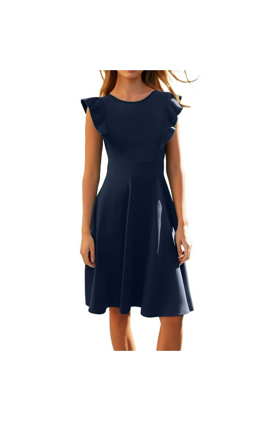 Women Summer Ruffles Short Sleeve Flare A-Line Flowy Business Casual Work Basic Mini Dress with Pockets