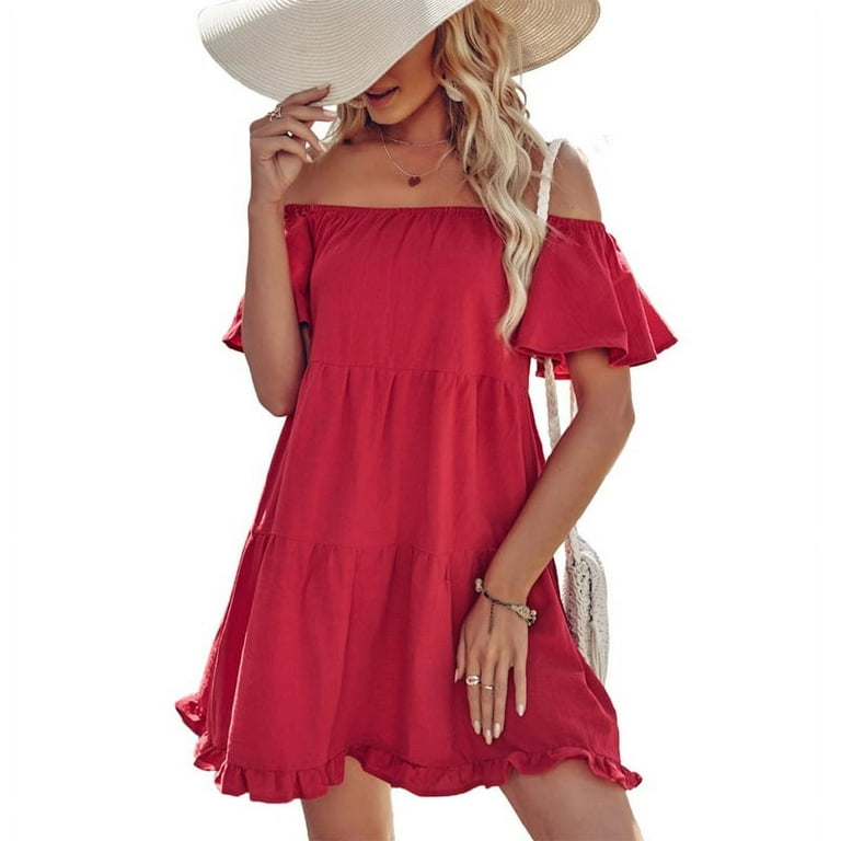 JAJITEC Women Summer Ruffles Short Sleeve Sexy Off The Shoulder Mini Swing Dress Solid Color Flare Flowy Hem A Line Casual Loose Party Sundress