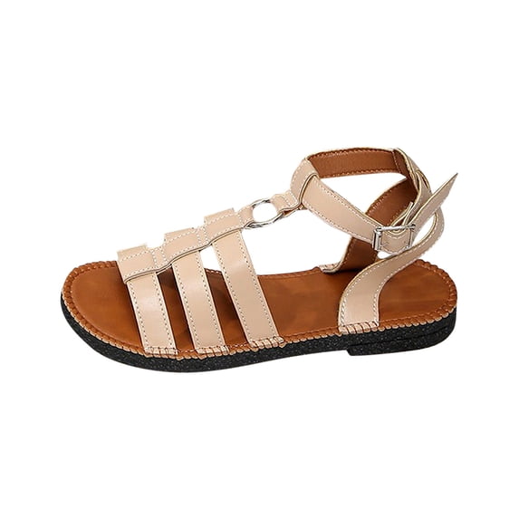 Women Summer Sandals Summer Women Beach Fashion Boho Open Toe Buckle Ankle Strap Flats Slides Sandals Casual Daily Shoes Beige 5.5