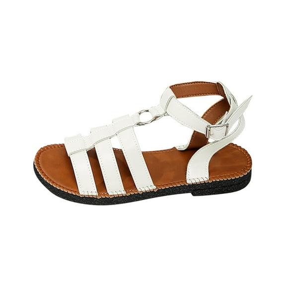 Women Summer Sandals Summer Women Beach Fashion Boho Open Toe Buckle Ankle Strap Flats Slides Sandals Casual Daily Shoes White 9