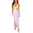 thumbnail image 1 of Women Summer Satin Long Dress Contrast Color/Solid Color Tie-Up Halter Neck Sleeveless Backless Dress for Cocktail Party, 1 of 10