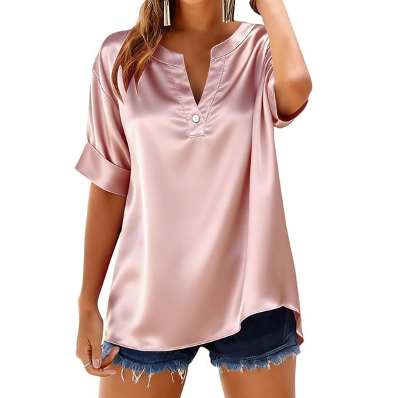 Women Summer Satin Silk Tshirts Casual V Neck Roll Up Short Sleeve Tshirts Trendy Loose Soft Shirts Comfy Solid Color Tops