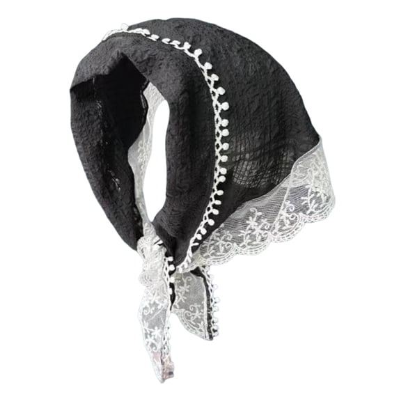 Women Summer Scarf French Style Lace Pattern Splicing Hairband Solid Color Retro Sunscreen Triangle Scarf Retro Ribbon-Black