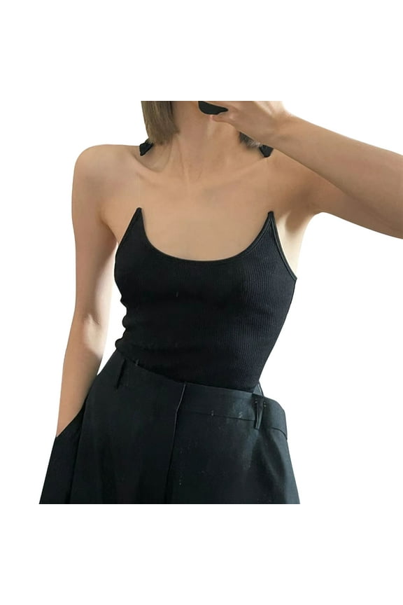 Women Summer Seaside Invisible Strap Camisole Large U Neck Crop Top Sleeveless Crop Top Vacation Travel Sling Vest