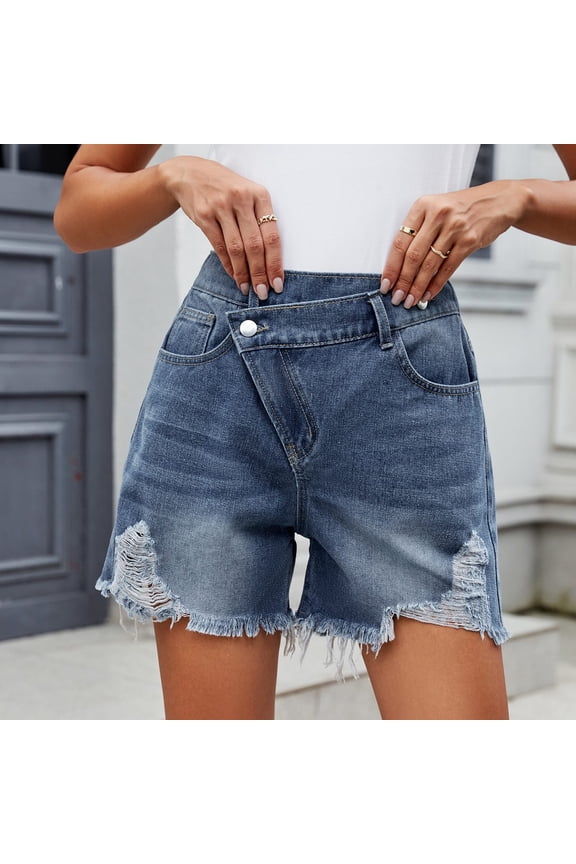 Women Summer Semi Elastic Waist Control Washed Irregular Denim Edge Ripped Shorts Denim Boot Cut Women Jean Stretch Womens Jean Leggings Denim Jean Pants for Women Party Jean's Posh Pantry Thick Denim