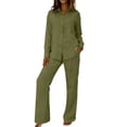 thumbnail image 1 of Women Summer Set Two Pieces Outfit Set Long Sleeve Point Lap Collar Button Down Shirt Wide Leg Pants Casual Vacation Matching Pants Set, 1 of 4