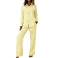 thumbnail image 1 of Women Summer Set Two Pieces Outfit Set Long Sleeve Point Lap Collar Button Down Shirt Wide Leg Pants Casual Vacation Matching Pants Set, 1 of 4