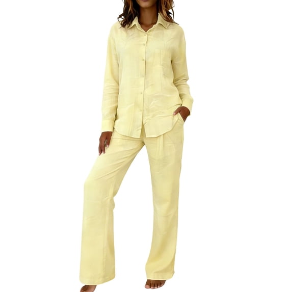 Women Summer Set Two Pieces Outfit Set Long Sleeve Point Lap Collar Button Down Shirt Wide Leg Pants Casual Vacation Matching Pants Set
