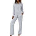 thumbnail image 1 of Women Summer Set Two Pieces Outfit Set Long Sleeve Point Lap Collar Button Down Shirt Wide Leg Pants Casual Vacation Matching Pants Set, 1 of 4