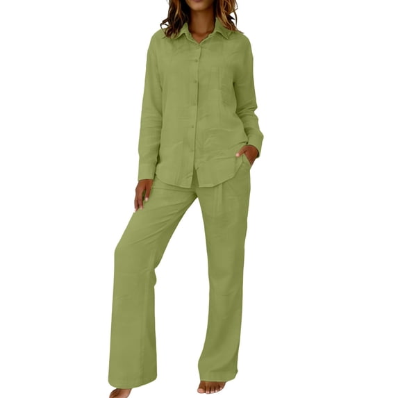 Women Summer Set Two Pieces Outfit Set Long Sleeve Point Lap Collar Button Down Shirt Wide Leg Pants Casual Vacation Matching Pants Set