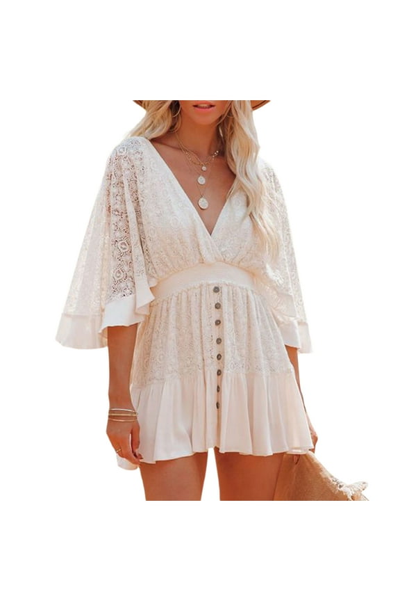 Women Summer Sexy Beach Wear Bikini Cover Up Flare Sleeve Lace Floral Ruffle Dress Deep V-Neck Midi Boho Sundress
