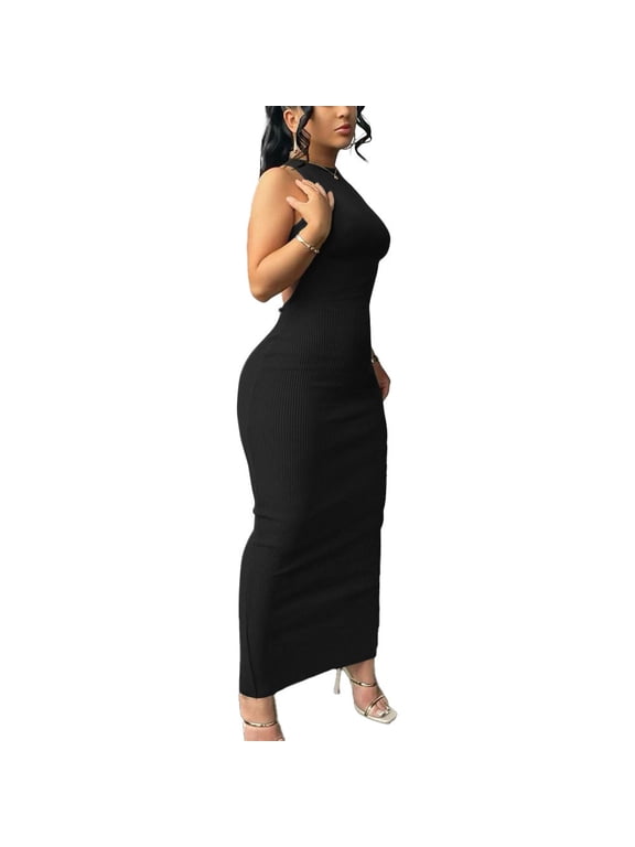 Women Summer Sexy Bodycon Maxi Dress Casual Long Dresses Black S