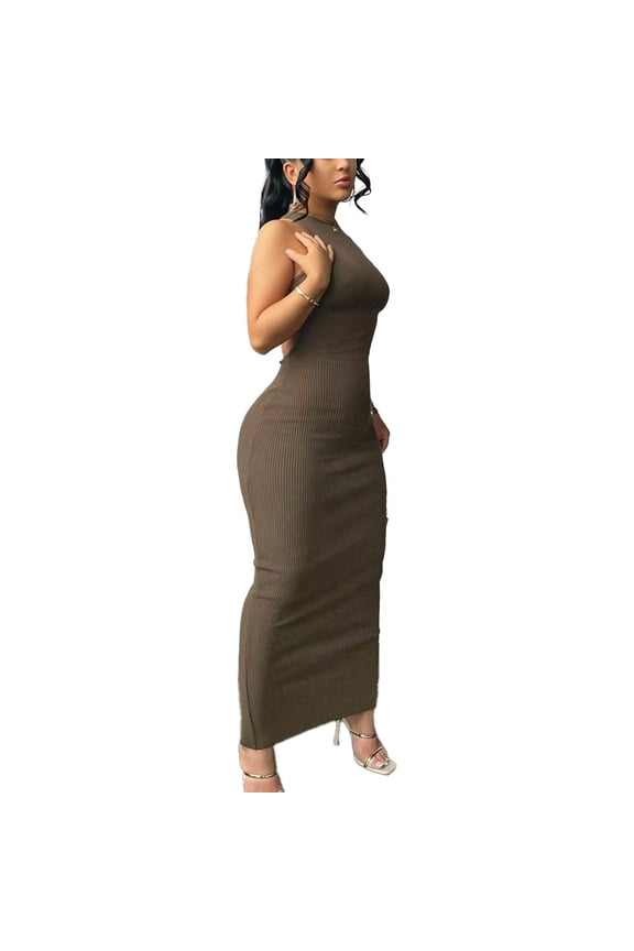 Women Summer Sexy Bodycon Maxi Dress Casual Long Dresses Grey Brown L
