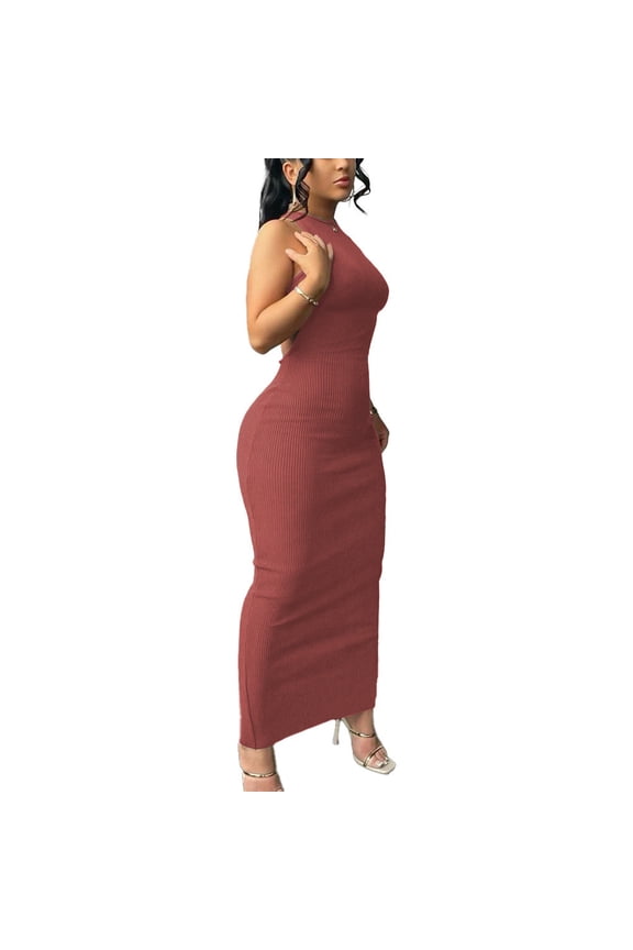 Women Summer Sexy Bodycon Maxi Dress Casual Long Dresses Rust Red M