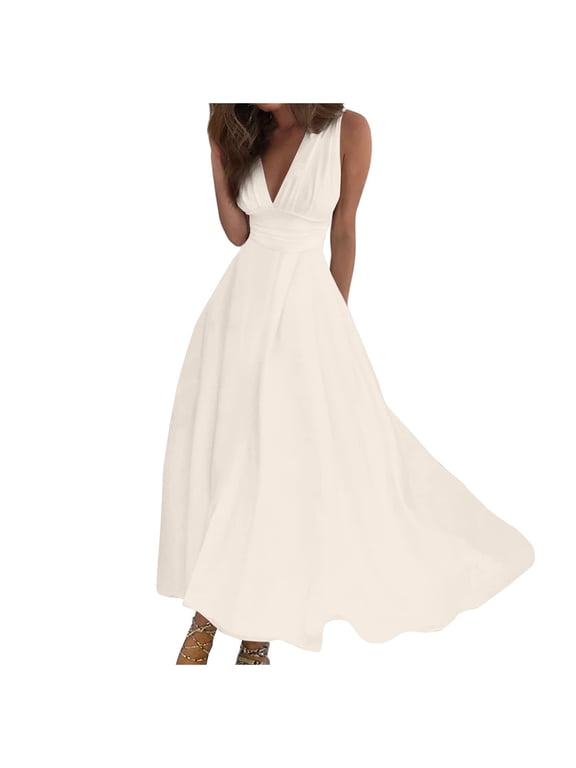 Women Summer Sexy Deep V Neck Formal Sleeveless Long Dress Gradient Zipper Swing Dresses Sleeveless Maxi Dress For Women Beige XXL