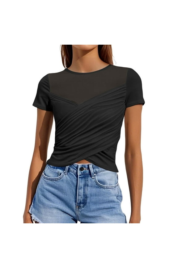 Women Summer Sexy Mesh T-Shirt Wrap Lace Short Sleeve Fitted Crop Top Casual Party Beach Workout Tee