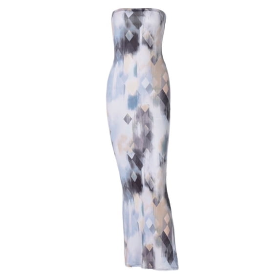Women Summer Sexy Strapless Tube Top Bodycon Maxi Long Dress Graffiti Tie-Dye Striped Printed Elastic High Waist Package Hip Party Clubwear