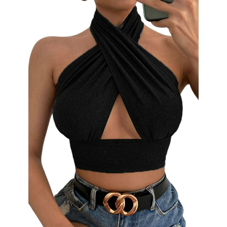 Women Summer Sexy Tank Tops Cross Halter Neck Backless Crop Vest for Party  Club