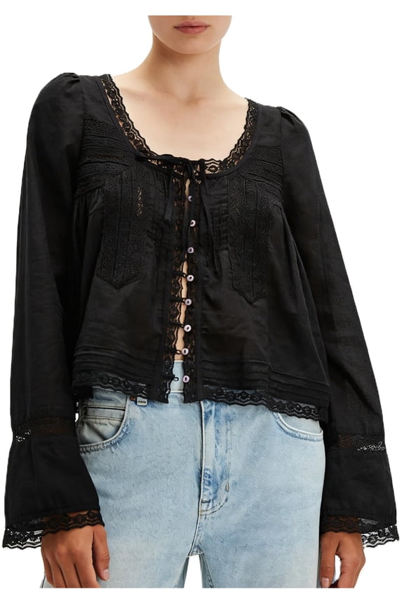 Women Summer Sheer Tie Front Top Y2k Peplum Chiffon Blouse Eyelet Long Sleeve Flowy Lace Beach Cover Up Boho Tops Creamy White