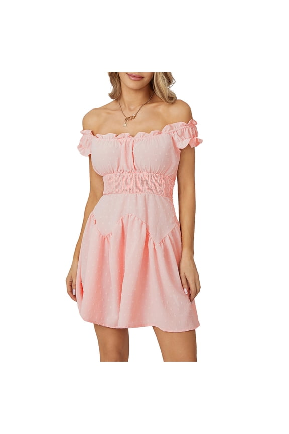 Women Summer Short Dress, Solid Color Ruched Bust Boat Neck Off Shoulder Puff Sleeve A-Line One Piece for Ladies