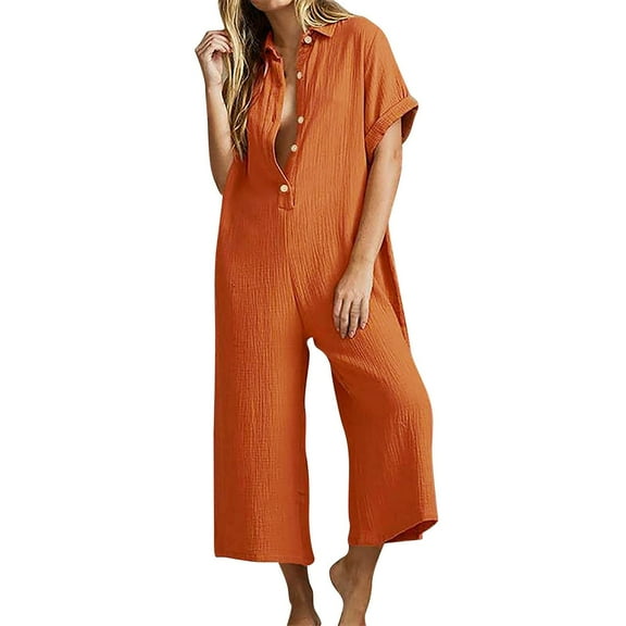 Women Summer Short Sleeve Button Down Pockets Jumpsuits Rompers