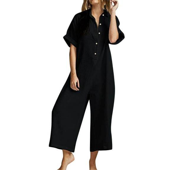Women Summer Short Sleeve Button Down Pockets Jumpsuits Rompers