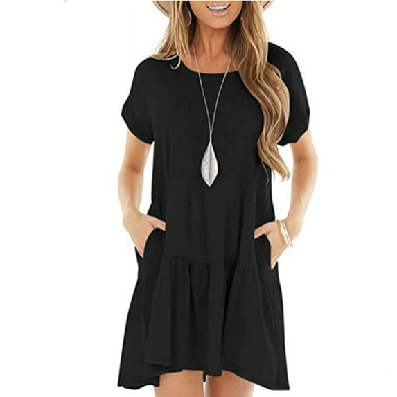 Women Summer Short Sleeve Crewneck Pockets Casual Midi Swing T-Shirt Dress Simple Plain Solid Color Ruffles Hem A-Line Flowy Sundress